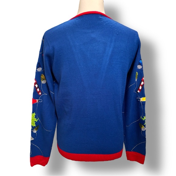 Jolly Sweaters Bright Blue Sequins Ugly Christmas Sweater Bow Tie Pullover Sz M - Picture 12 of 13
